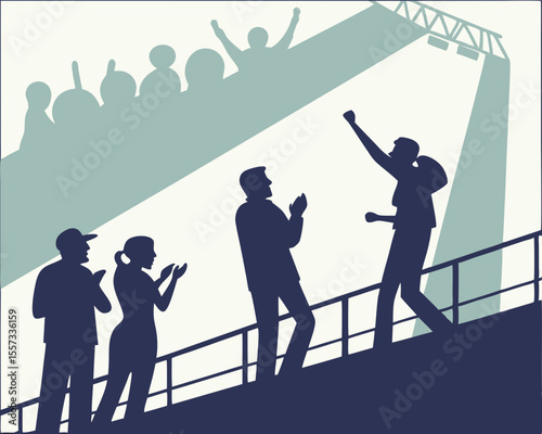 Silhouette illustration of a stage performance featuring audience and performers celebrating success
