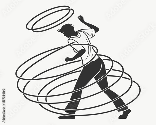 Silhouette illustration of a person playing with hula hoops on a white background
