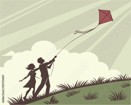 Silhouette illustration of a family flying a kite on a sunny day