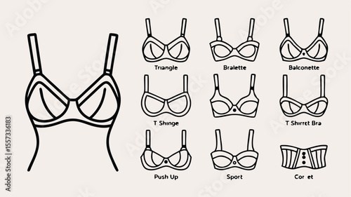 HandDrawn Outline Illustrations of Different Bra Styles Triangle, Bralette, Balconette, Push Up, and Corset