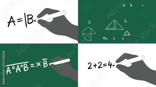 Hands Writing Math Equations on White and Green Backgrounds with Markers and Chalk
