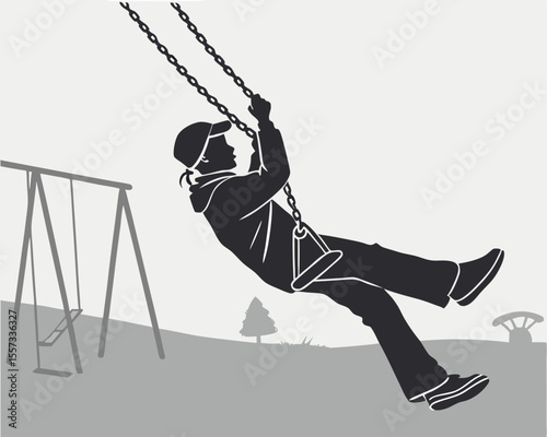 Silhouette of a person on a swing in a play area with transparency