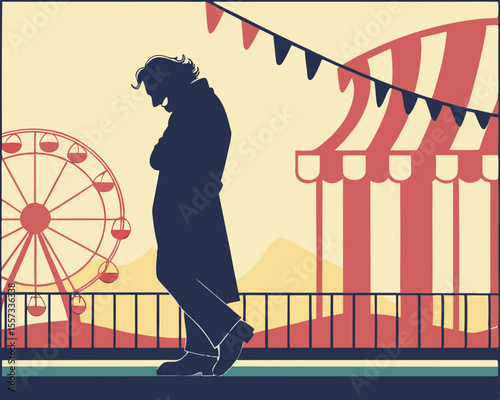 Silhouette of a person at a vintage carnival with ferris wheel and tent