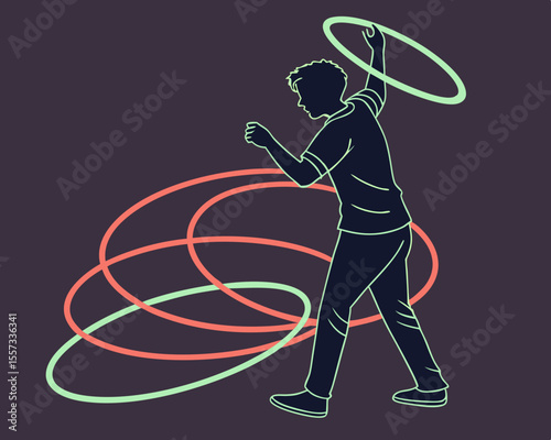 Silhouette of a person performing hula hoop tricks with transparent elements