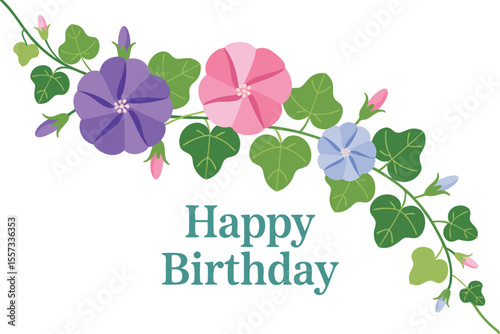 Happy Birthday Floral Greeting Card with Pink, Purple, and Blue Morning Glories