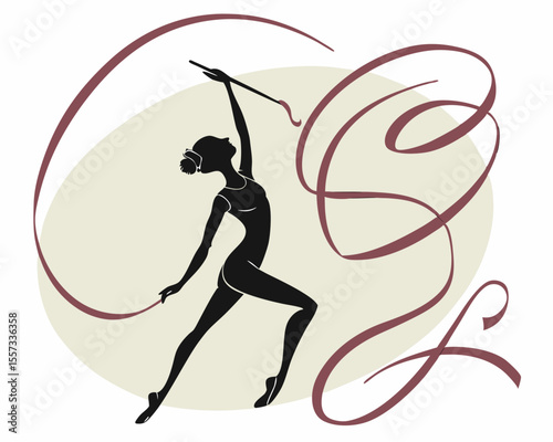 Silhouette of a rhythmic gymnast performing with ribbon in elegant artistic style