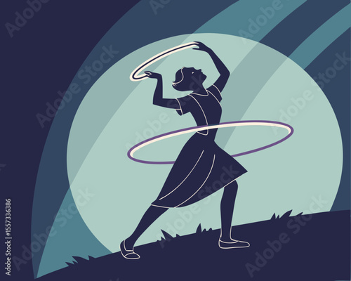 Silhouette of a woman performing with hula hoops in a retro style
