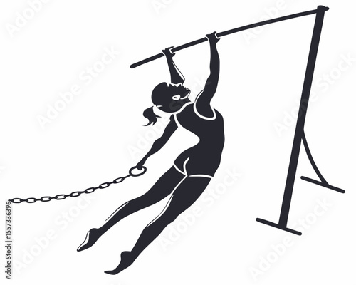 Silhouette of a woman doing gymnastics on horizontal bar with chain design