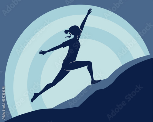 Silhouette of a woman climbing a mountain reaching for achievement in vector style