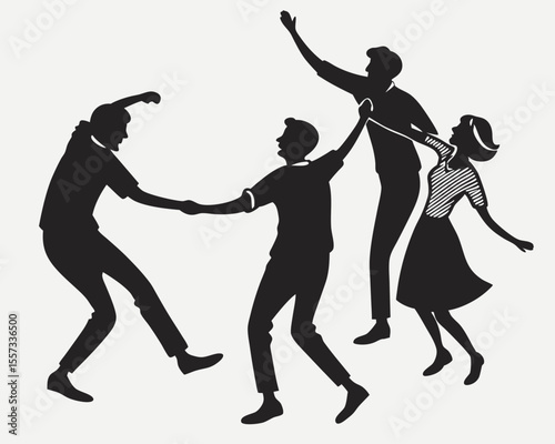 Silhouetted retro dancers enjoying themselves with dynamic movements in a vintage style
