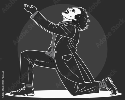 Vector illustration of kneeling man in a suit with a dramatic upward gesture
