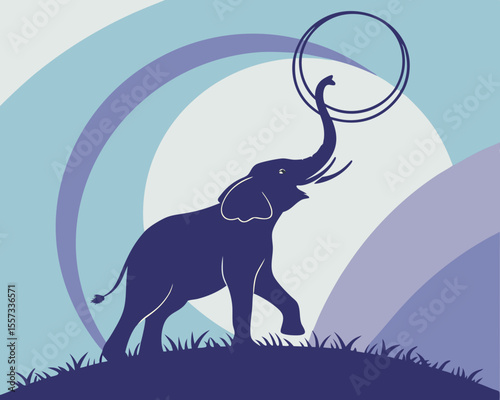 Stylized elephant reaching for a circle with geometric pastel background
