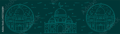 Ramadan Kareem Islamic greeting card with line art design vector illustration, Ramadan Kareem Design with Mosque Line Art Background Great mosque landscape monoline modern hand drawing style