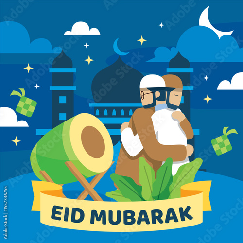 Eid Mubarak Greeting Illustration with Muslim Men Hugging, Mosque, and Traditional Drum