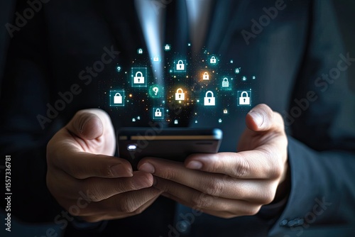 Businessman holds phone, security icons hover