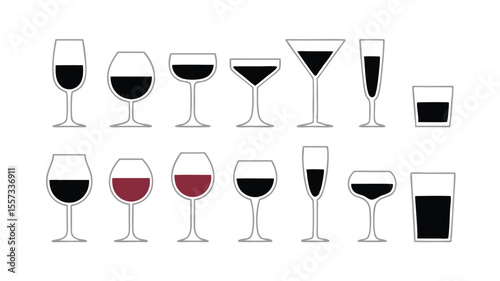 Illustration of Various Wine and Cocktail Glasses, Filled with Liquids, Isolated on White
