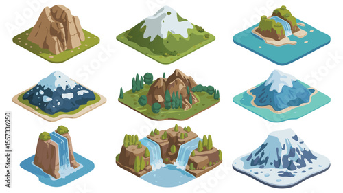 Isometric Illustration of Diverse Mountain and Waterfall Landscapes on Square Base for Game Design