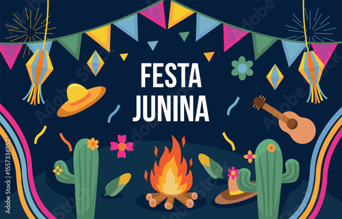 Illustration of Festa Junina, a traditional Brazilian June festival, cultural celebration from Brazil with folkloric elements.