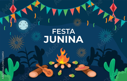 Illustration of celebrating the Festa Junina which is held at night with a bonfire and elements relevant to Brazilian culture