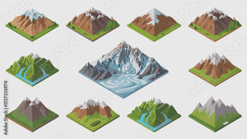 Isometric Mountains Brown, Green, Snowy Peaks, Rivers, Lakes, Nature, Geology, Game Assets, Isolated on Cream Background