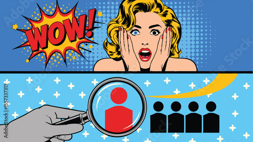 Pop Art Illustration Surprised Woman, WOW! Speech Bubble, and Hand Holding Magnifying Glass Over People