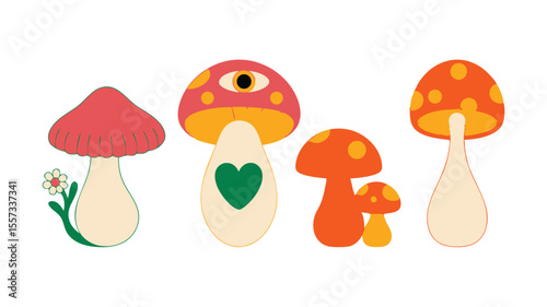 Quirky Mushroom Illustration Colorful Cartoon Fungi with Flower, Eye, and Heart Details