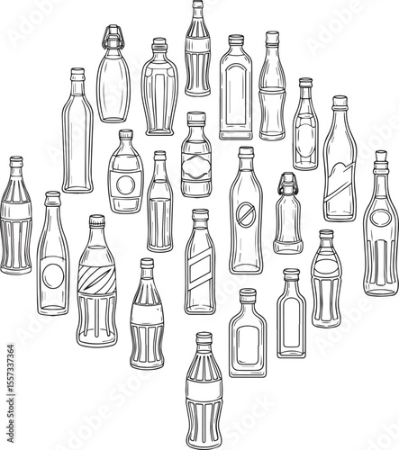 Assorted Bottle Line Art Set, Beverage Container Collection

