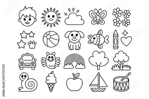 Simple Black and White Drawings of Child, Sun, Rainbow, Snail, and Many Other Objects