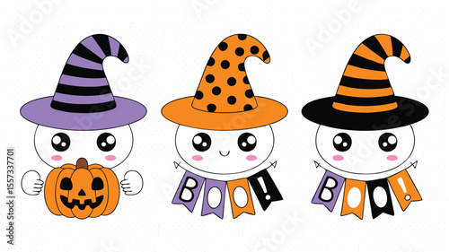 Three Adorable Cartoon Ghosts Wearing Halloween Witch Hats and Boo Banners, Cute Holiday Art
