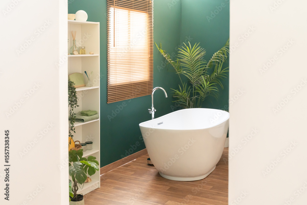 Fototapeta premium Elegant bright bathtub with window. High quality photo