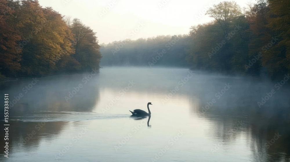 Fototapeta premium Tranquil swan on a misty river in autumnal forest.