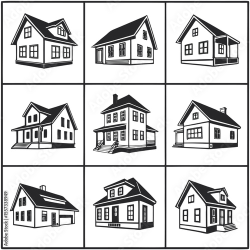 Nine Black and White House Illustrations Isometric View