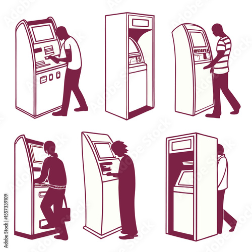 Six People Using Different Style Kiosks Maroon Illustration