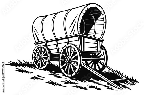 Vector art of covered wagon isolated on white background sits on a grassy hill