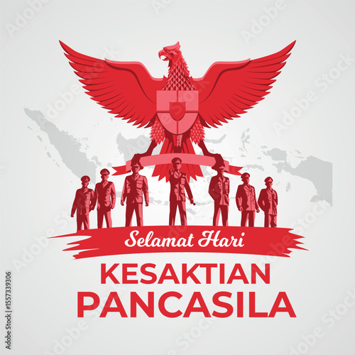 Illustration commemorating Pancasila Sanctity Day with elements of heroes and state symbols in it