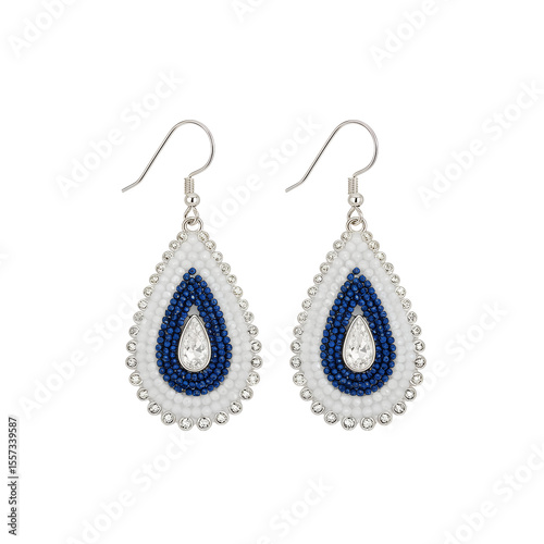 Beaded drop earrings, professional product photography, studio lighting, flat white background, transparent PNG, realistic texture, with copy space
