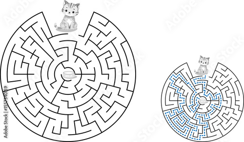 Help cat pass through maze to find a bowl with milk. Feed the hungry kitten labyrinth. Not hard logic game for kids and parents with solution isolated on white background