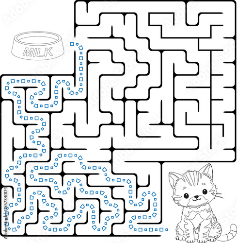 Help cat pass through maze to find a bowl with milk. Feed the hungry kitten labyrinth. Not hard logic game for kids and parents with solution isolated on white background