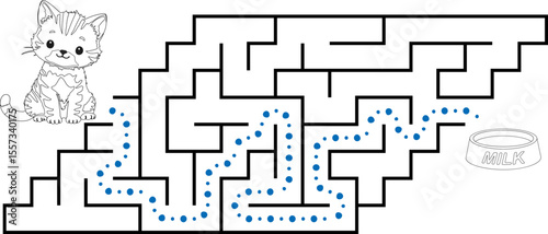 Help kitten pass through labyrinth to find a bowl with milk. Feed the hungry cat maze. Easy logic game for kids and parents with solution isolated on white background