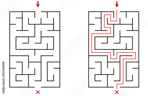 Vector vertical rectangular labyrinth with entry and exit. Difficulty level - easy. Children logic game. Not hard riddle solated on white background for kids and parents with solution