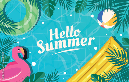 A fun summer vacation illustration with various elements such as swimming balloons and tropical plants.