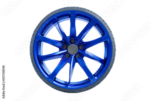 Close up of a shiny blue alloy car wheel.