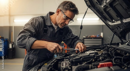 Mechanic working on car engine in garage