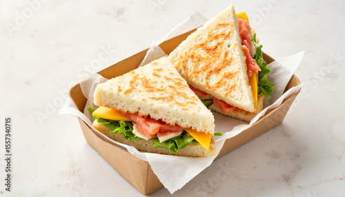 Grilled sandwich with cheese, lettuce, tomatoes, and red fish in a cardboard box
