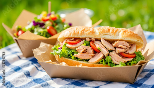 A fresh tuna sandwich with salad is served outdoors in a paper box on a picnic blanket