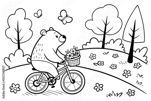 cute bear riding a bike for coloring book, coloring page, kids