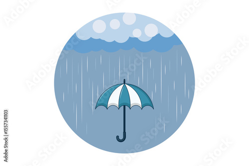 Simple umbrella and falling raindrops vector, cartoon flat style in pastel shades, weather design suitable for baby projects, learning apps, and decorative backgrounds
