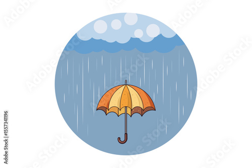 Simple umbrella and falling raindrops vector, cartoon flat style in pastel shades, weather design suitable for baby projects, learning apps, and decorative backgrounds
