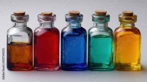 Vibrant Colors: Corked Glass Bottles with Colored Liquids in Studio Lighting