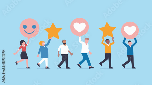 Diverse people holding up positive feedback symbols like smiley faces stars and hearts